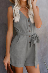 Women Playsuit Summer V Neck Sleeveless Button Belt Bow Casual Jumpsuit