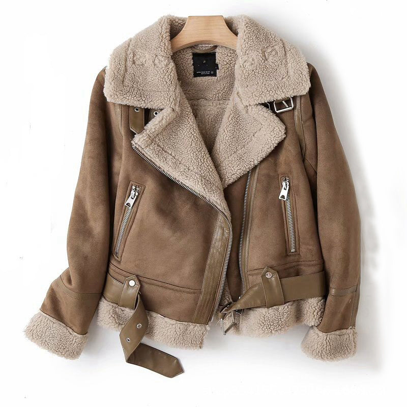 Women's Warm Suede Lamb Wool Winter Motorcycle Jacket