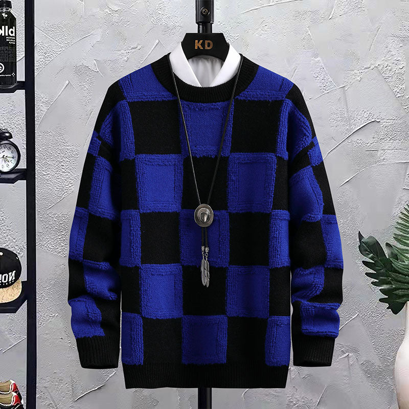 Men's Trendy Plaid Round Neck Sweater Loose - Minihomy