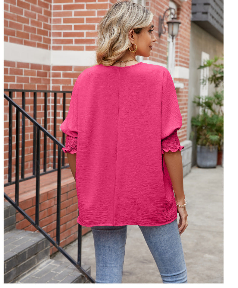 Women's Loose T-shirt With Elastic Sleeves - Solid Color Outfit