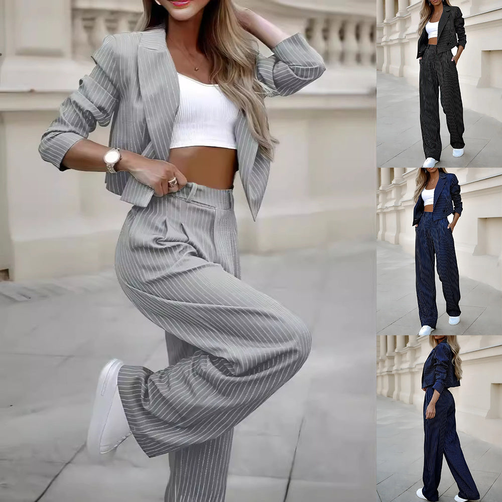 Women's Striped Casual Suit: Cropped Blazer & Pants Outfit