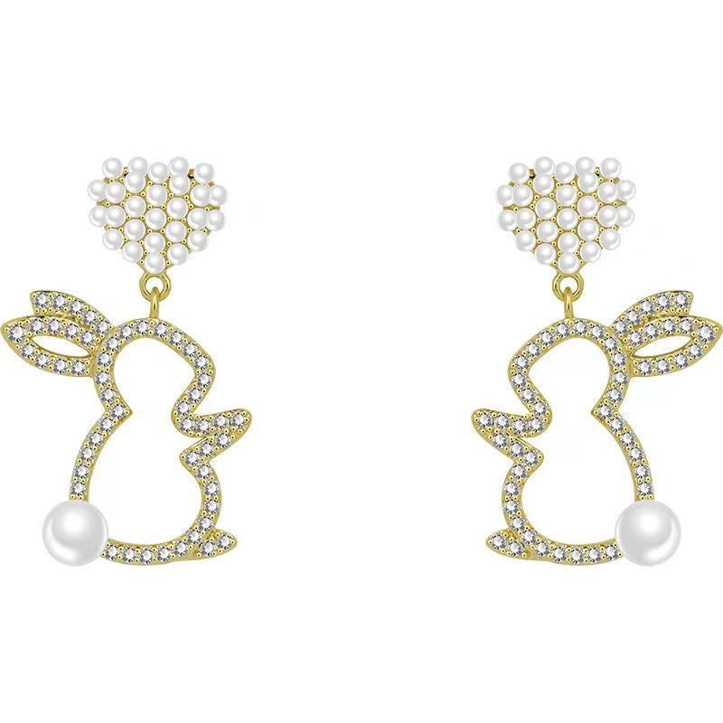 Pearl Bunny For Women Silver Pin Earrings - Minihomy