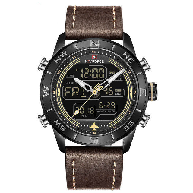 NAVIFORCE 9144 Men's Gold Sport Watch - Analog Digital Military Leather Quartz - Minihomy