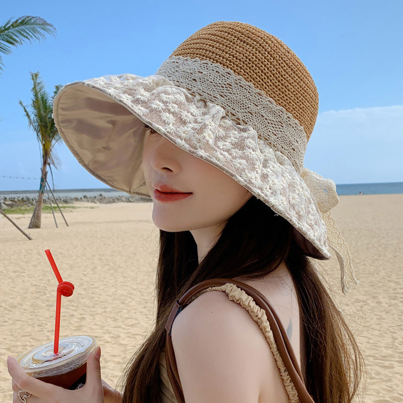 Lace Bow Straw Sun Hat - Wide Brim UV Protection Fisherman Hat for Summer - Minihomy