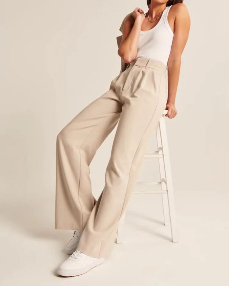 High Waist Straight Trousers With Pockets Wide Leg Casual Suit Pants For Women - Minihomy