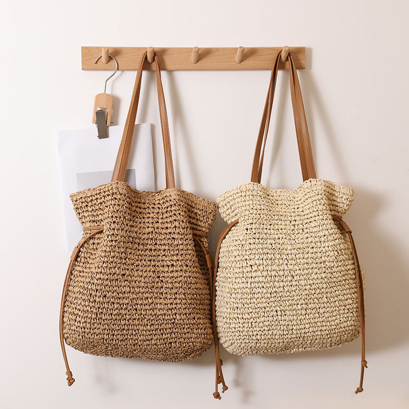 Large Knitted Straw Tote Bag: Oversized Drawstring Shoulder Handbag