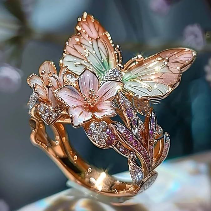 Gold Plated Butterfly Flower Crystal Ring for Women - Elegant Aesthetic Jewelry - Minihomy