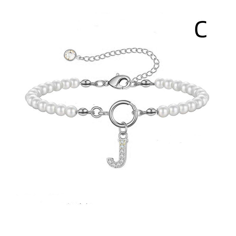 Personalized Initial Bracelet with Pearl Charm - A-Z Letter Toggle Clasp Jewelry Gift for Women - Minihomy