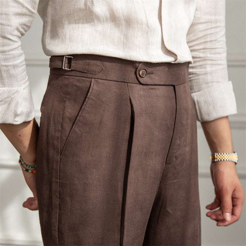 Men's Linen Straight Leg Pants High Waist Trousers Light Casual - Minihomy