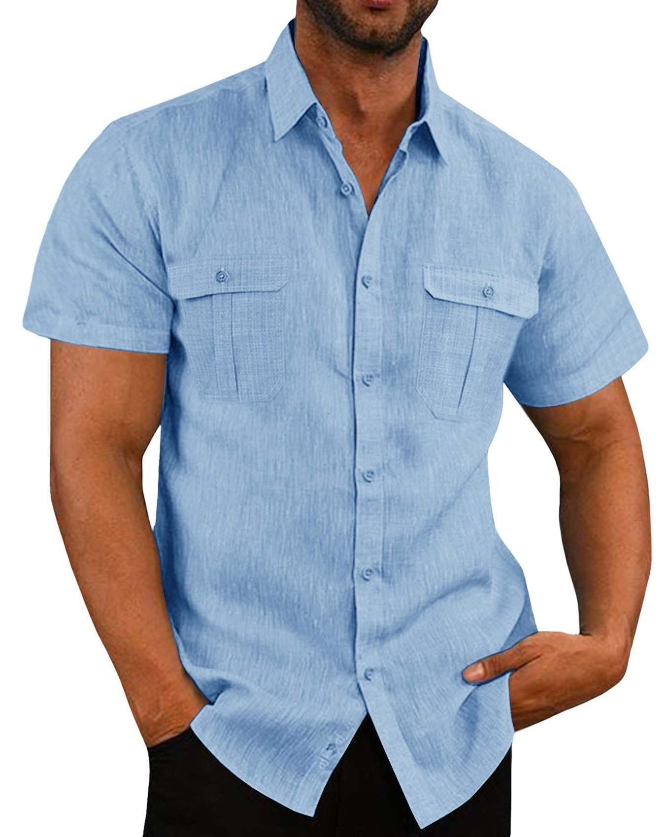 Men's Button Short Sleeve Shirt Summer Casual Double Pocket Wide Collar Beach Shirt Summer - Minihomy