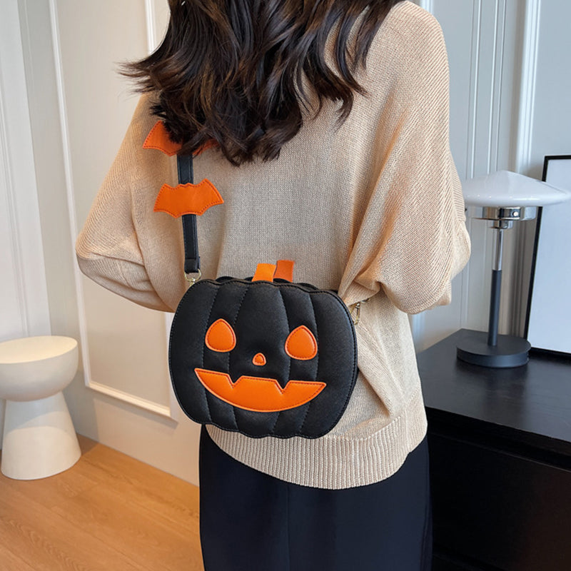 Halloween Bags Funny Pumpkin Cartoon Shoulder Crossbody Bag With Bat - Minihomy