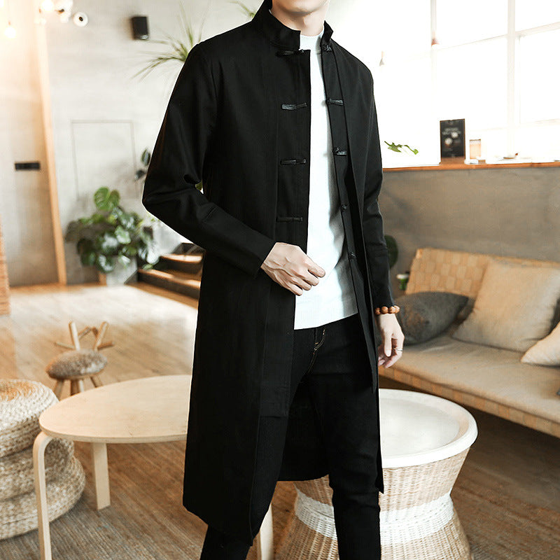 Cotton And Linen Mid-length Trench Coat Men's Slim-fit Large Size Coat - Minihomy