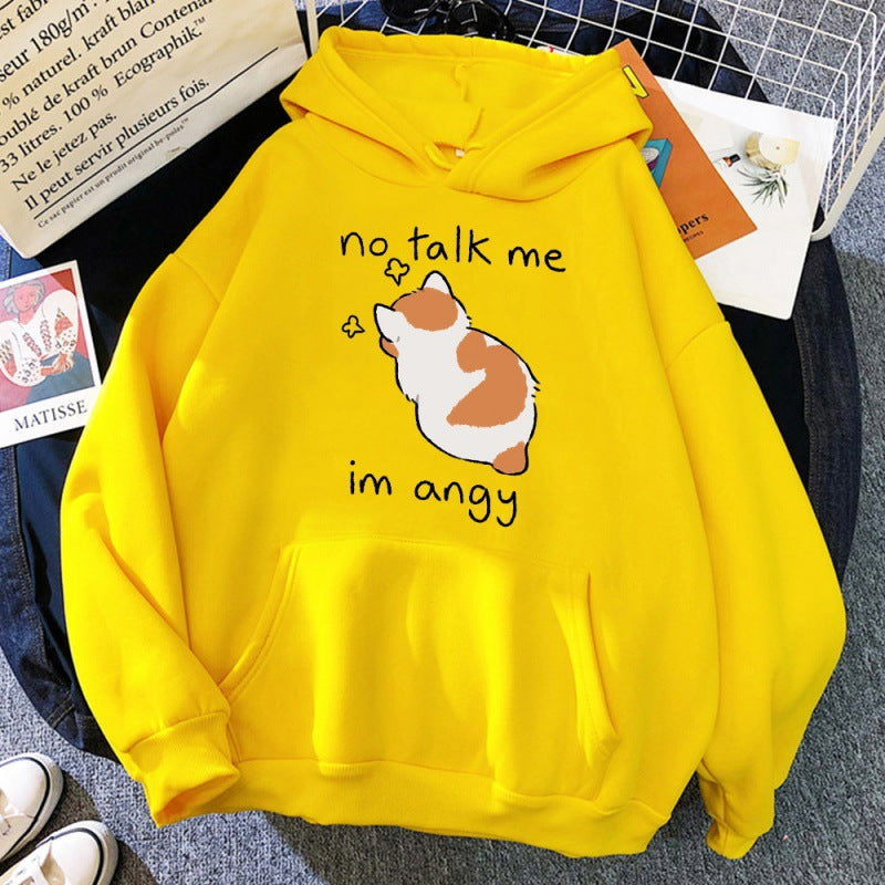 No Talk Me Cute Angry Cat Print Women Hoodie - Minihomy