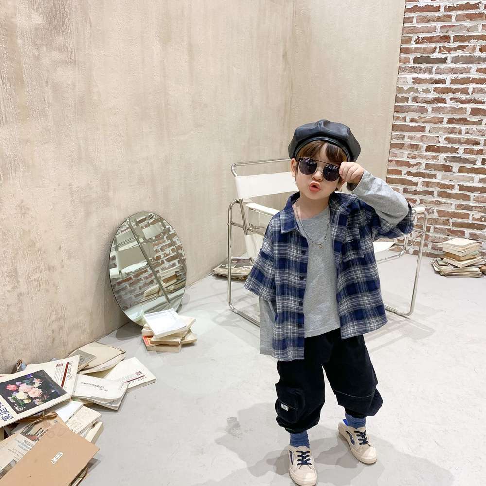 Boys plaid shirt stitching t-shirt - Minihomy