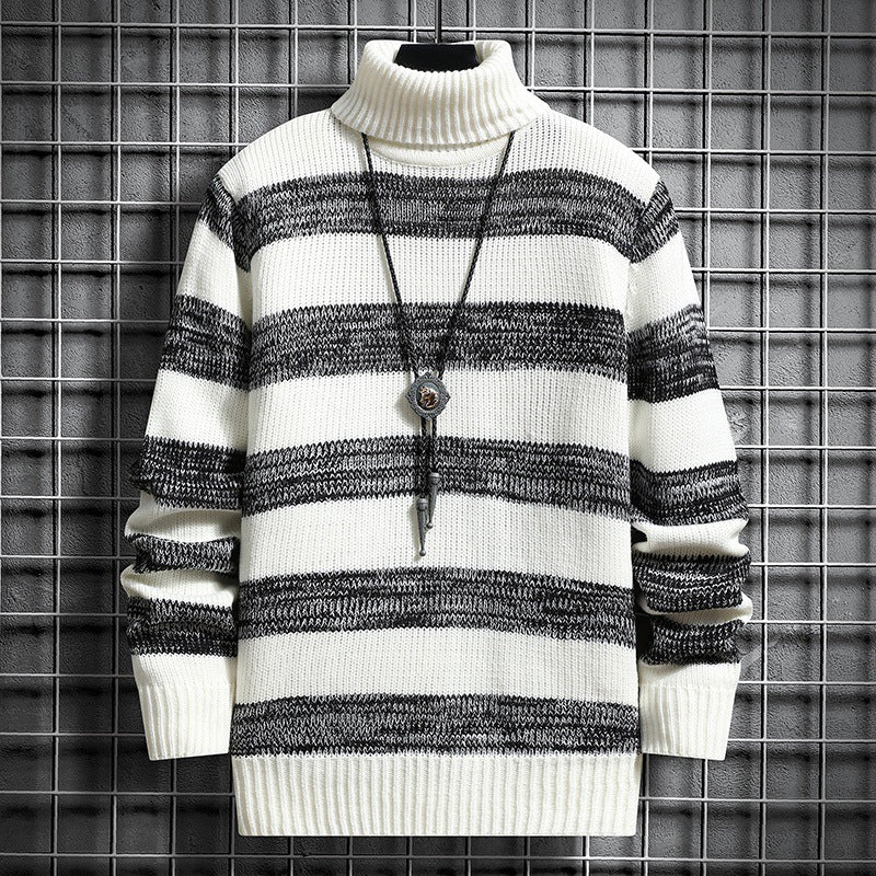 High-neck Men's Autumn And Winter Long-sleeved Trendy Slim Striped Sweater - Minihomy