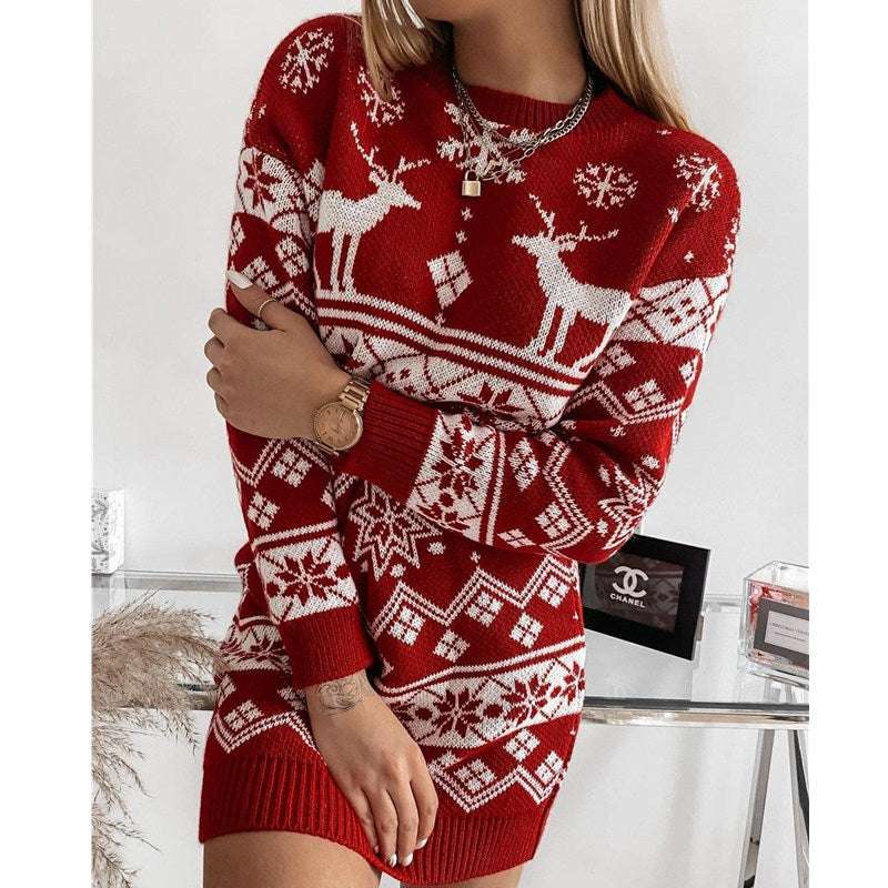 Elk Snowflake Christmas Jacquard Knitted Dress Long Knitted Sweaters - Minihomy