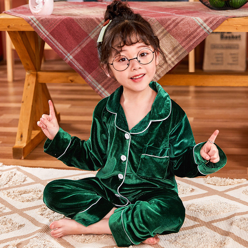 Children's Gold Velvet Solid Color Pajamas Set - Minihomy