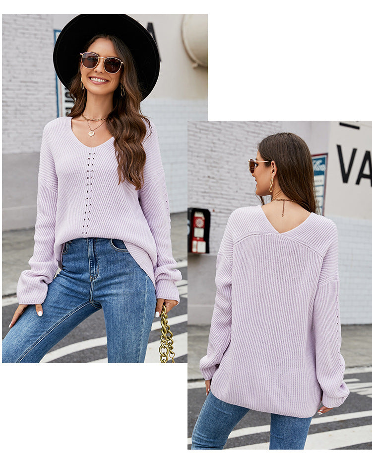 Long Sleeve Sweater With Pocket Solid Color V-neck Pullover Knitwear Women Tops - Minihomy