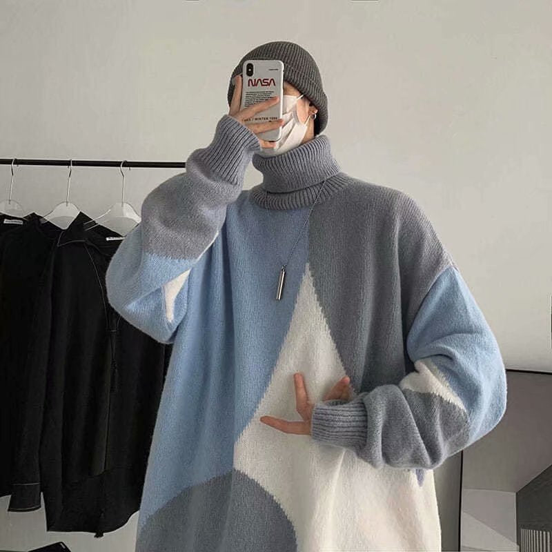 Contrasting Color High-neck Pullover Outer Wear Lazy Wind Thickened Base Sweater Men - Minihomy