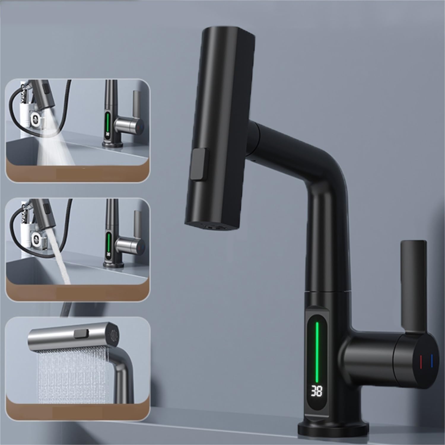 Intelligent Digital Display Faucet - 3-in-1 Swiveling Waterfall Kitchen Tap with LED Temperature Display - Minihomy