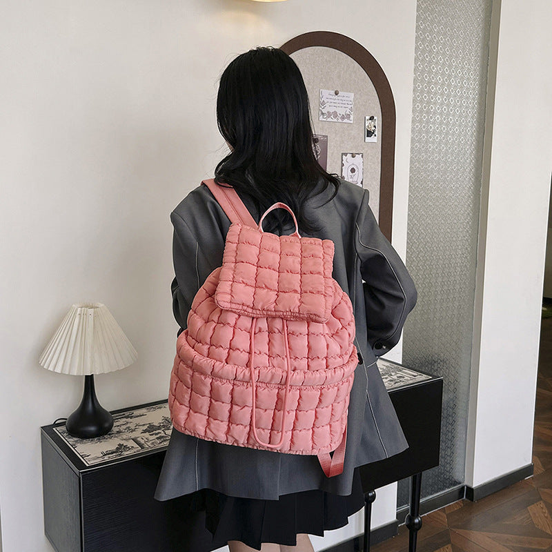 Candy Color Quilted Women Backpack Puffy Down Padded School Bag Large Cotton Travel Back Pack Bags For Women Plaids Shoulder Bag - Minihomy