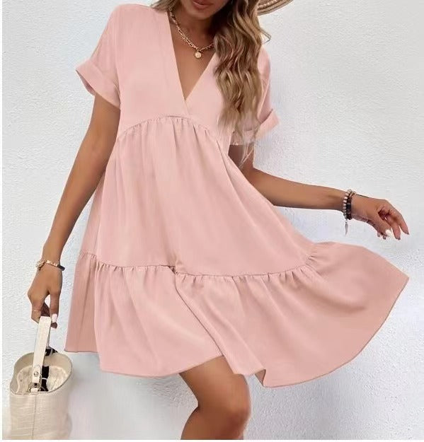 Short-sleeved V-neck Dress Summer Casual Sweet Ruffled Dresses Solid Color Holiday Beach Dress For Womens Clothing