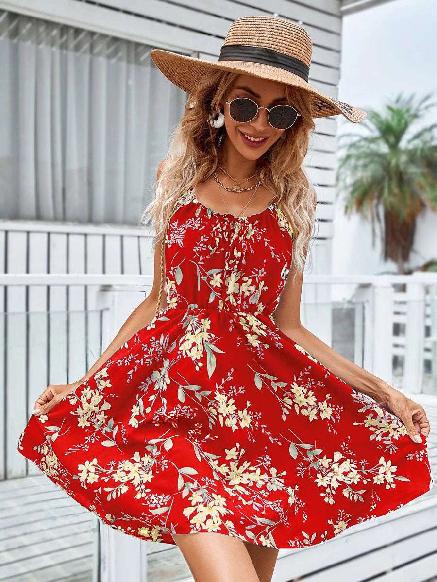 Floral Print Suspender Dress With Elastic Waist Design Fashion Summer Short Dresses Womens Clothing - Minihomy