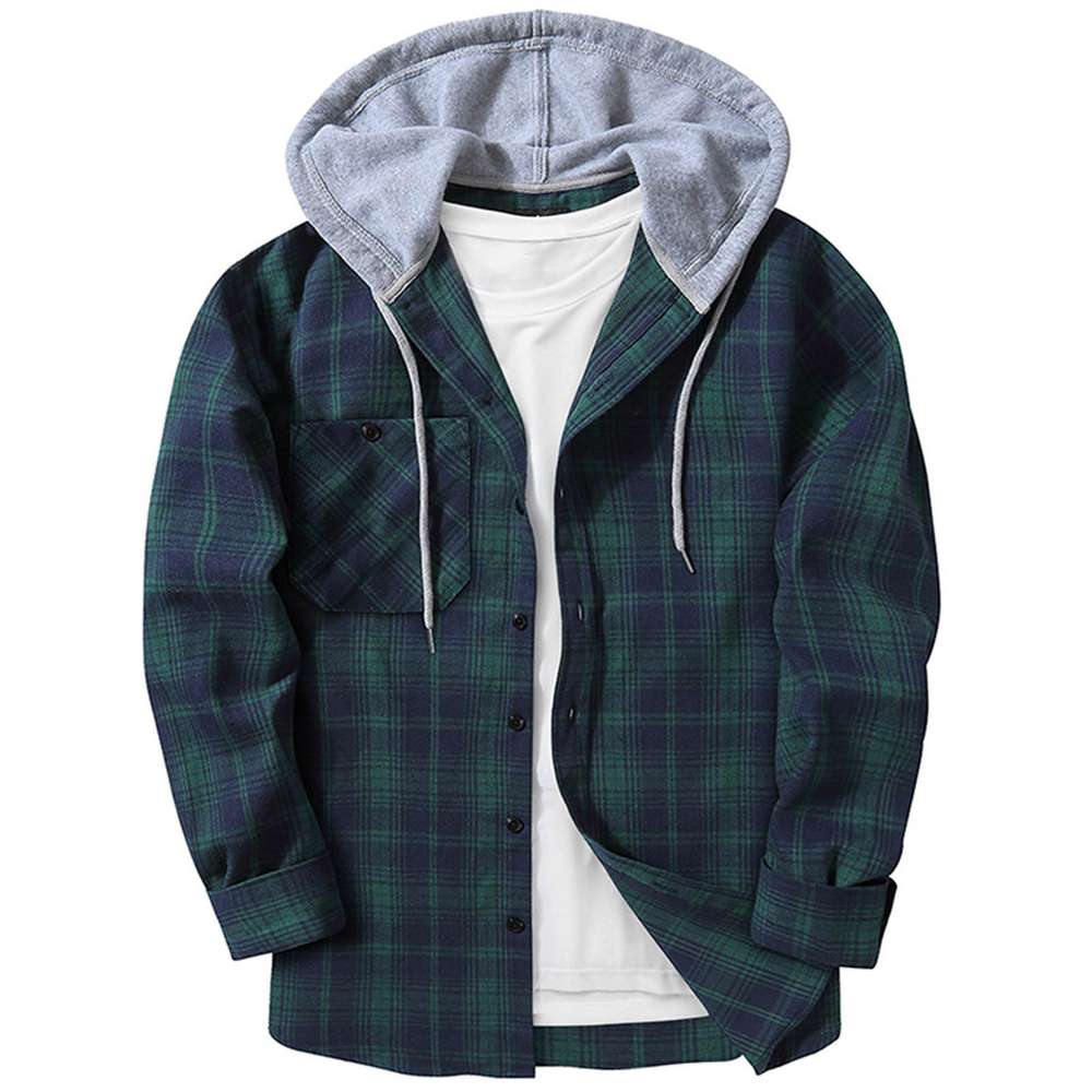 Hooded Plaid Shirt Men's Casual - Minihomy