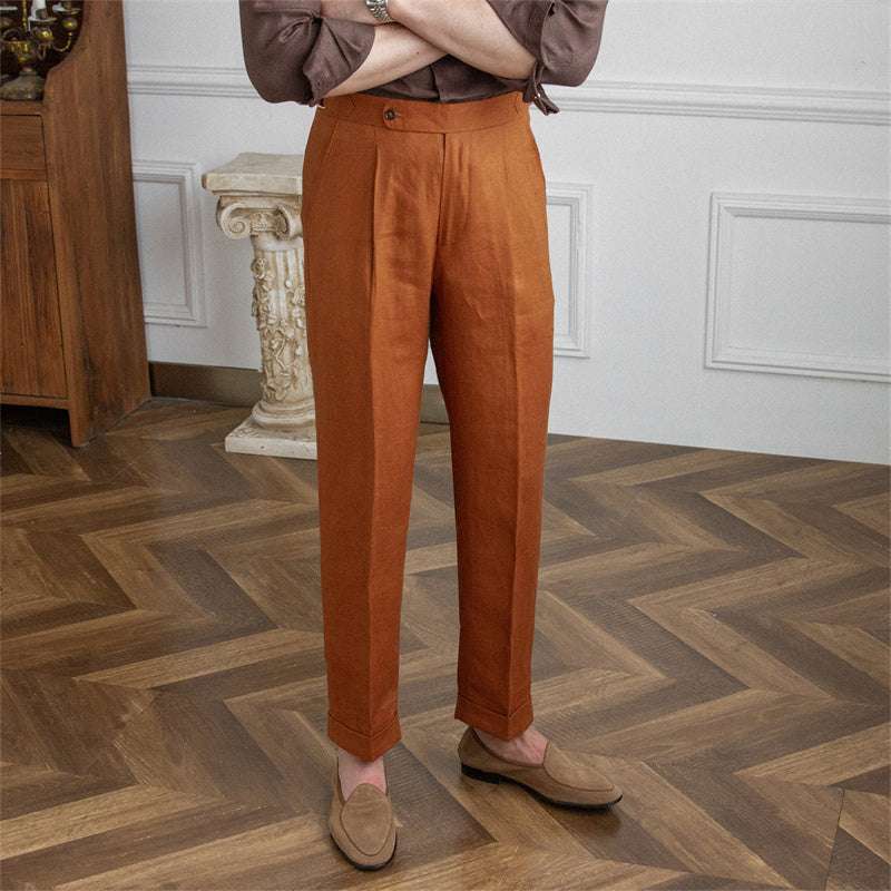 Men's Linen Straight Leg Pants High Waist Trousers Light Casual - Minihomy