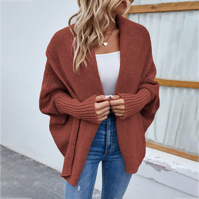 New Loose Knitted Sweater Solid Color Bat Sleeve Large Lapel Cardigan Autumn And Winter Fashion Jacket For Women Clothing - Minihomy