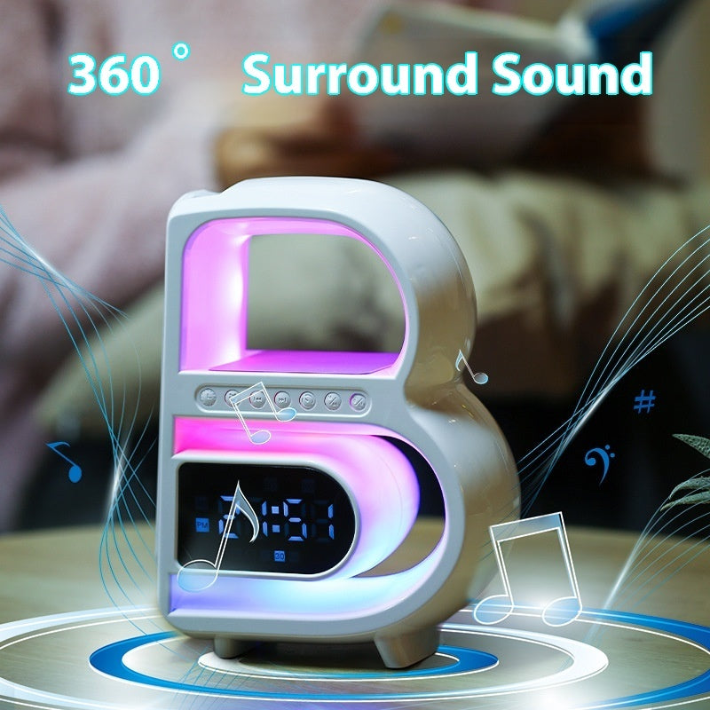 B-Shaped Bluetooth Speaker with Wireless Charger, Smart Music Rhythm Lighting, and Alarm Clock - Minihomy