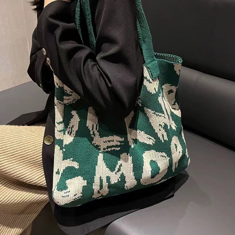 Letter Printed Knit Bag Shopping Shoulder Bag Large Capacity Handbag - Minihomy