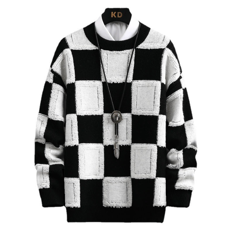 Men's Trendy Plaid Round Neck Sweater Loose - Minihomy