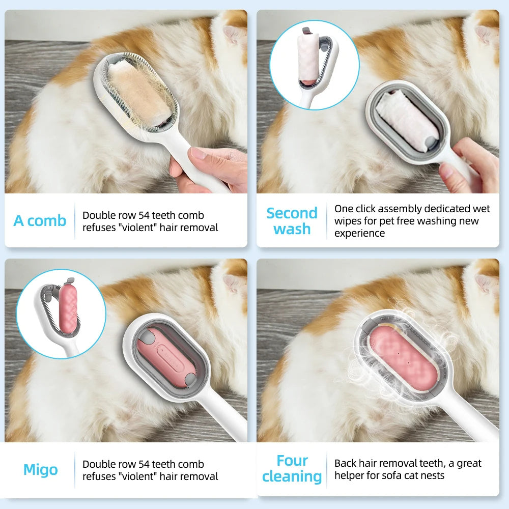 4-in-1 Sticky Cat Grooming Brush with Water Tank and Double-Sided Hair Removal - Minihomy