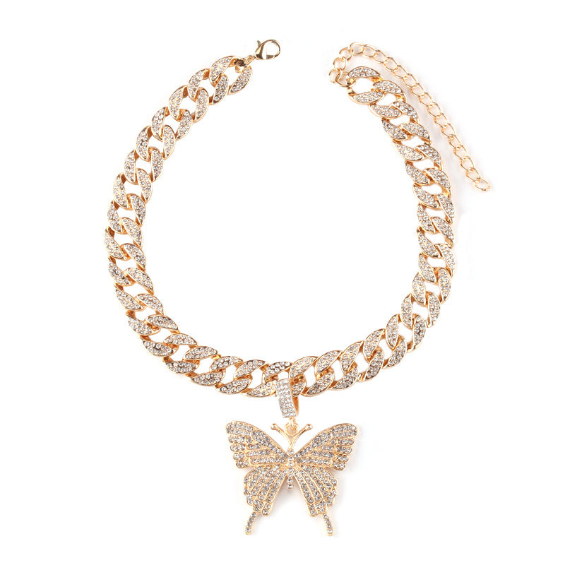 Hip Hop Trend Ins Style Diamond Butterfly Cuban Pull Daikin Clavicle Chain - Minihomy