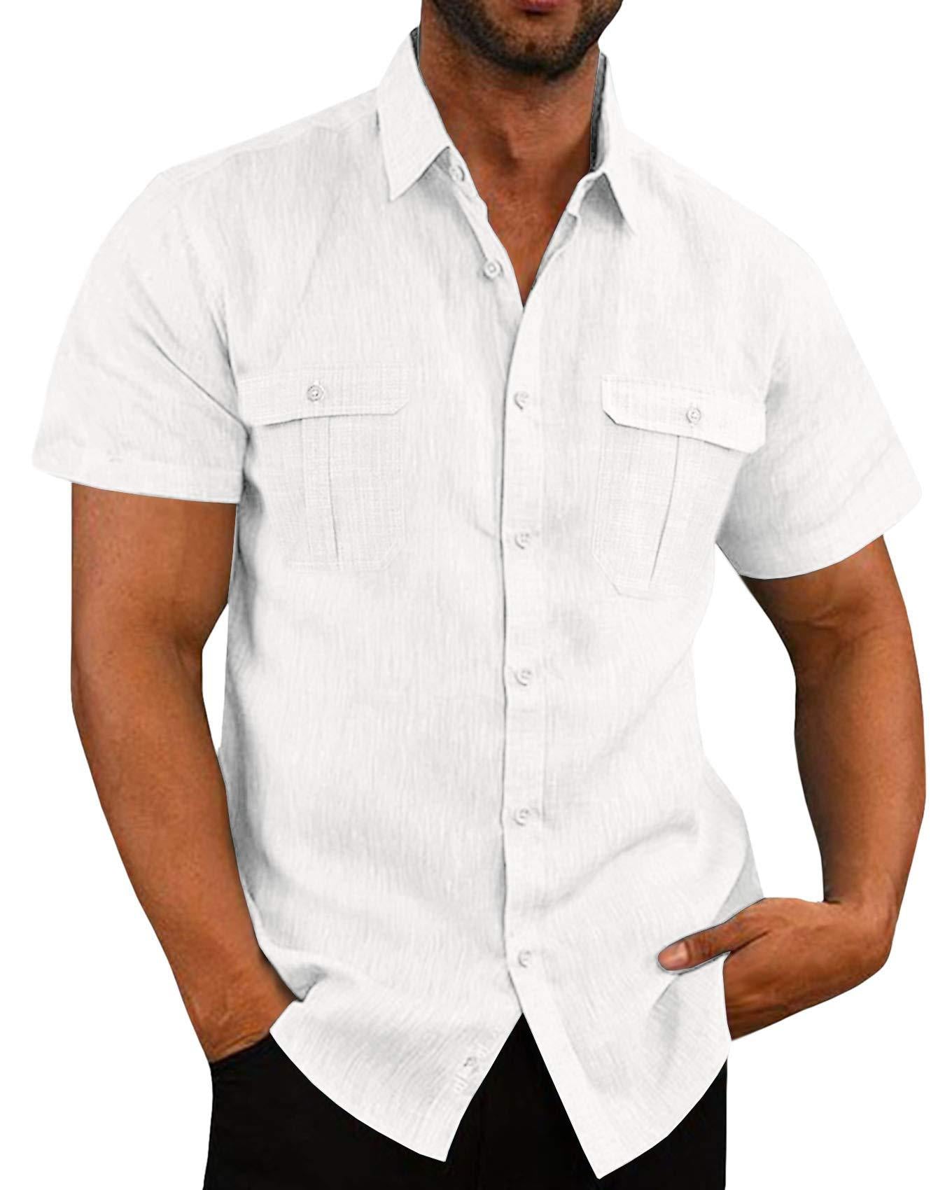 Men's Button Short Sleeve Shirt Summer Casual Double Pocket Wide Collar Beach Shirt Summer - Minihomy