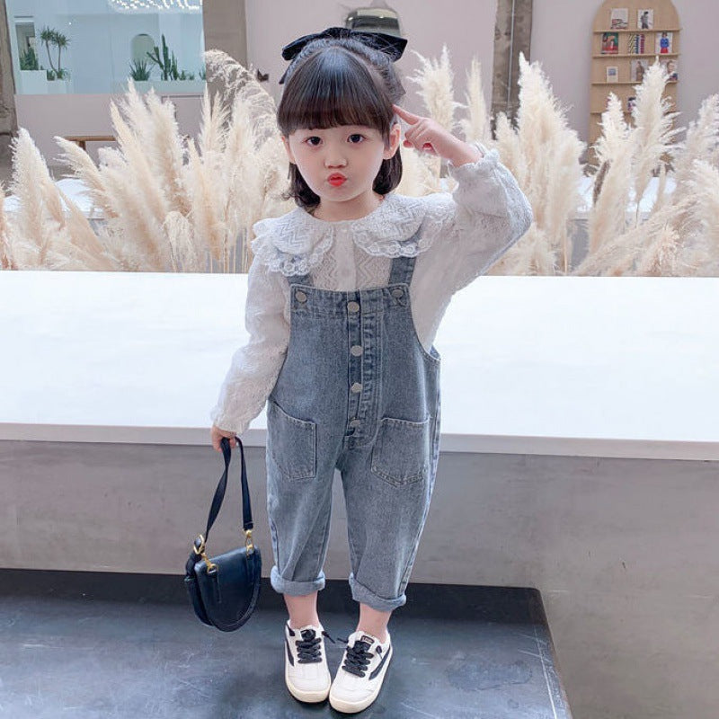 Girls Denim Overalls And Lace Shirt Two-piece Suit - Minihomy