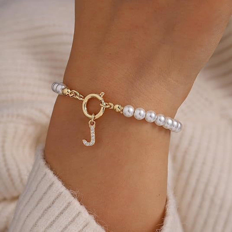 Personalized Initial Bracelet with Pearl Charm - A-Z Letter Toggle Clasp Jewelry Gift for Women - Minihomy