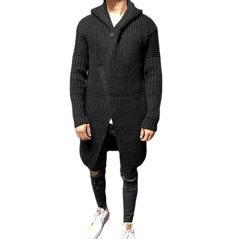 Long Knitted Hooded Sweater Coat Men Solid Color Button Casual Clothes - Minihomy