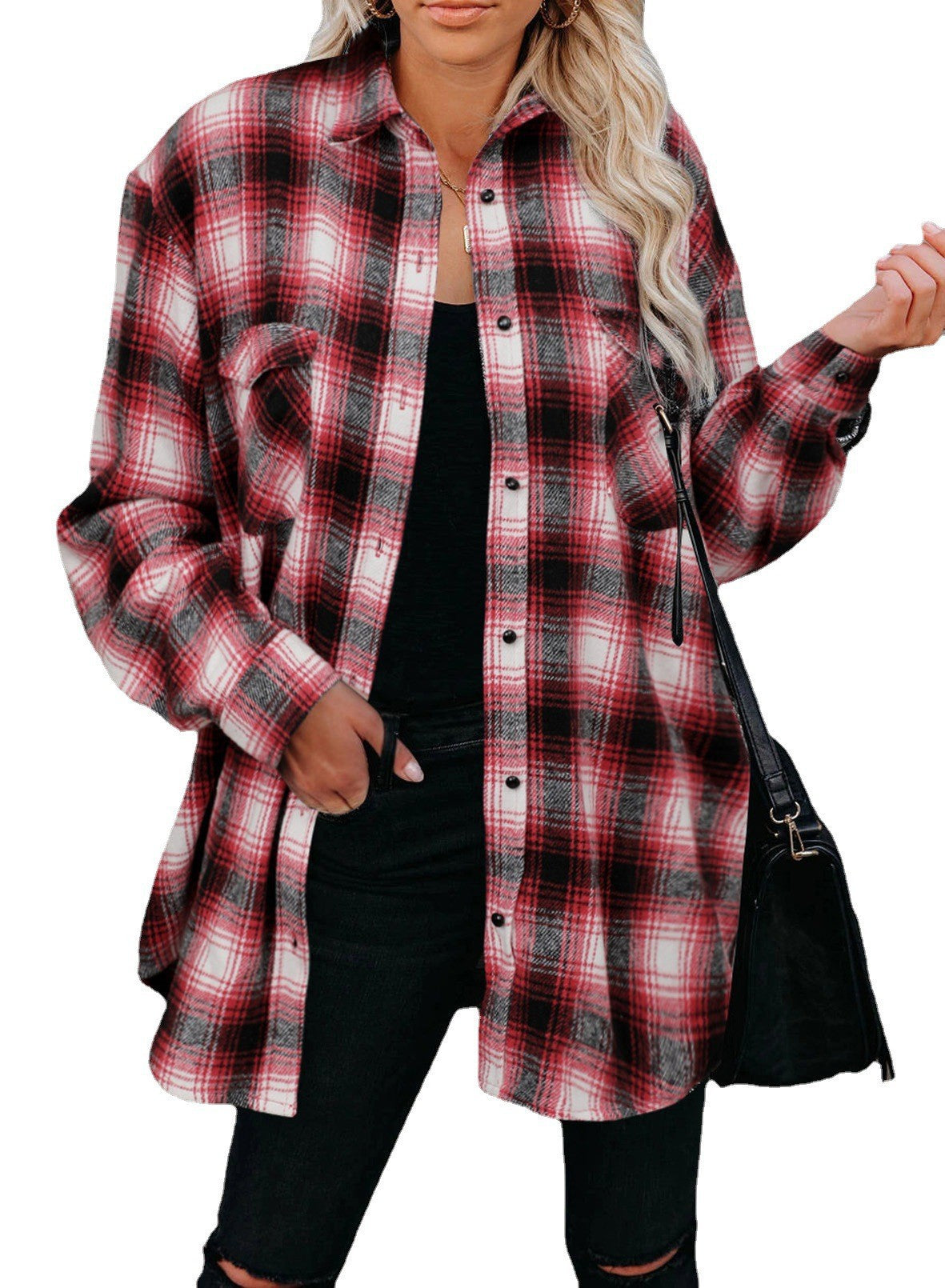 Plaid Shirt Women Spring Mid-length Loose Blouse Turndown Collar Shirt Clothing - Minihomy