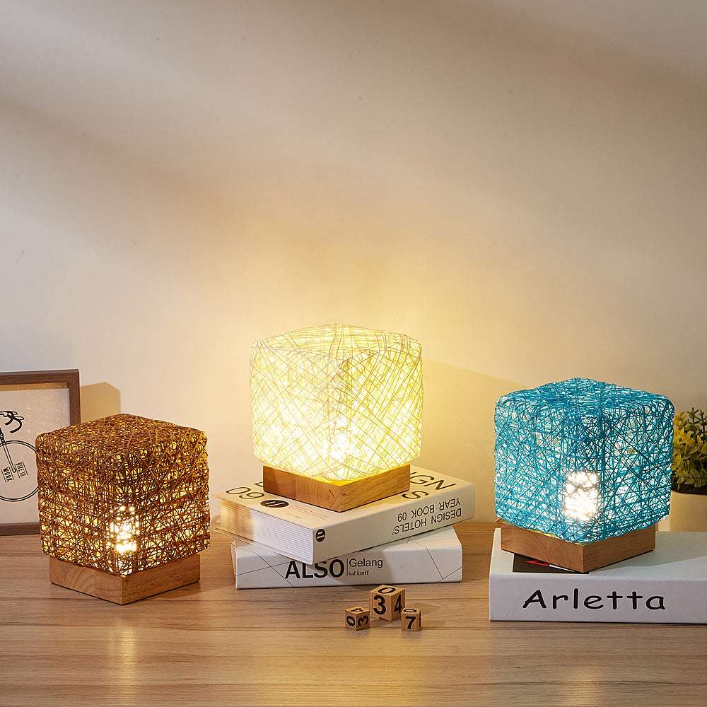 Hand-Knit Dimmable Square LED Desk Lamp - Wood Rattan Twine USB Charging Table Light - Minihomy