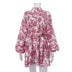 Ink Print Long Sleeve Short Dress With Fashion Puffy Sleeve Lapel Tie A-Line Dress Clothing - Minihomy