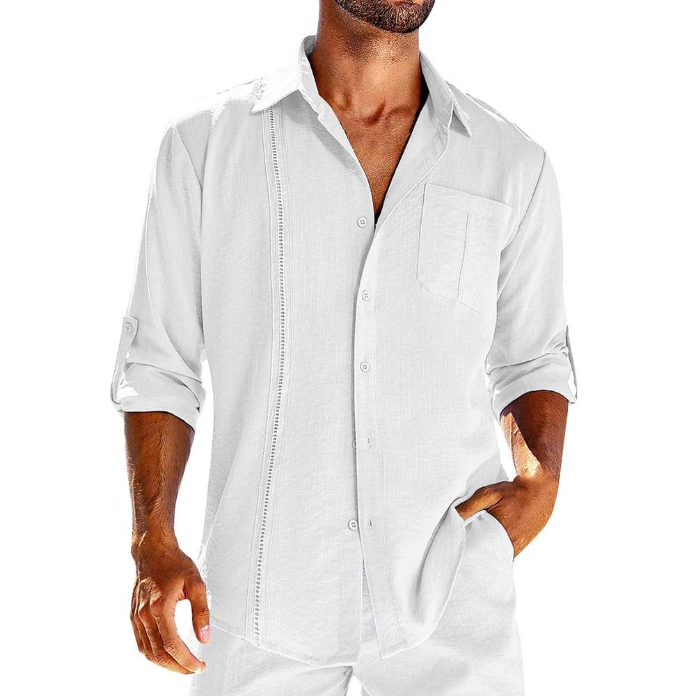 Casual  Long Sleeve Shirt With Pocket Lace Polo Collar Solid Color Button Mens Clothing - Minihomy