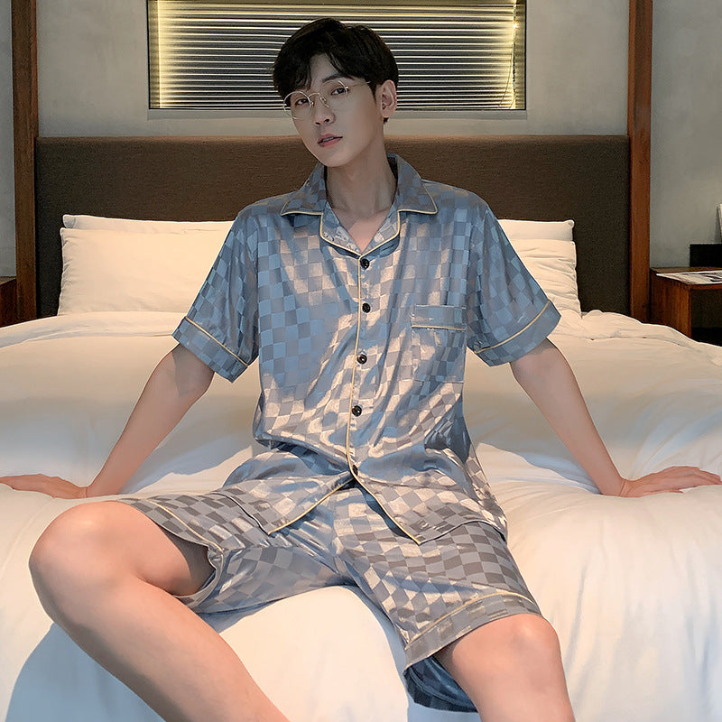 Men's Pajamas Summer Ice Silk Thin Short Sleeve Homewear Suit - Minihomy