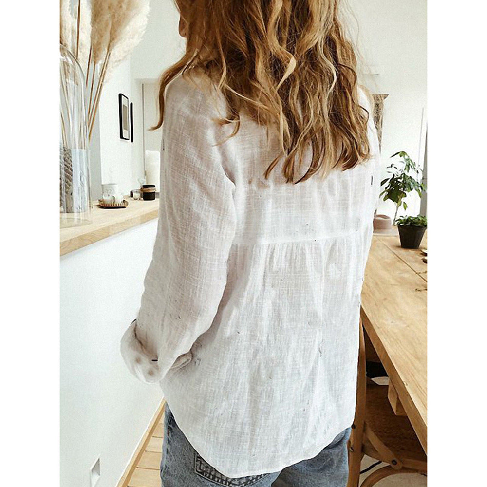 Loose Button Lapel Cardigan Top Long Sleeve Shirt Womens Blouses - Minihomy