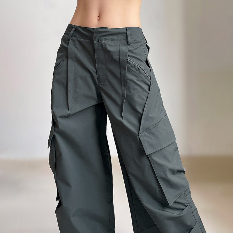 Crumpled Design Irregular Pockets Loose Wide Leg Trousers - Casual Mopping Pants - Minihomy