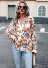 Women's Tops Casual Floral Print V Neck Long Sleeve Shirts Loose Chiffon Blouses Shirts Tops