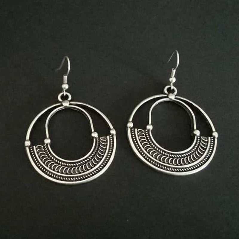 Geometric Round Hollow Antique Silver Earrings: European & American Trend - Minihomy