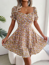 Women's Floral Print Shirring Mini Dress - Summer Casual Short Sleeve High Waist Swing Dress