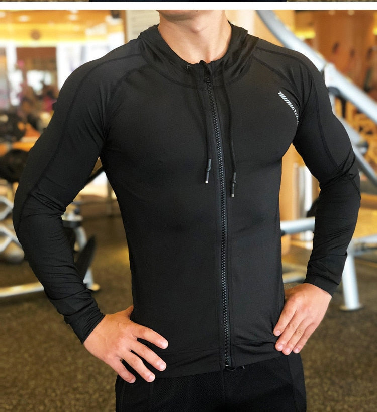 Men Sports Coat Fitness Long Sleeve Running Elastic Tight Hoodies - Minihomy